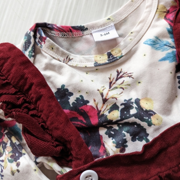 Dresses Baby Girl Red Corduroy Pinafore Jumper And Floral Onsie